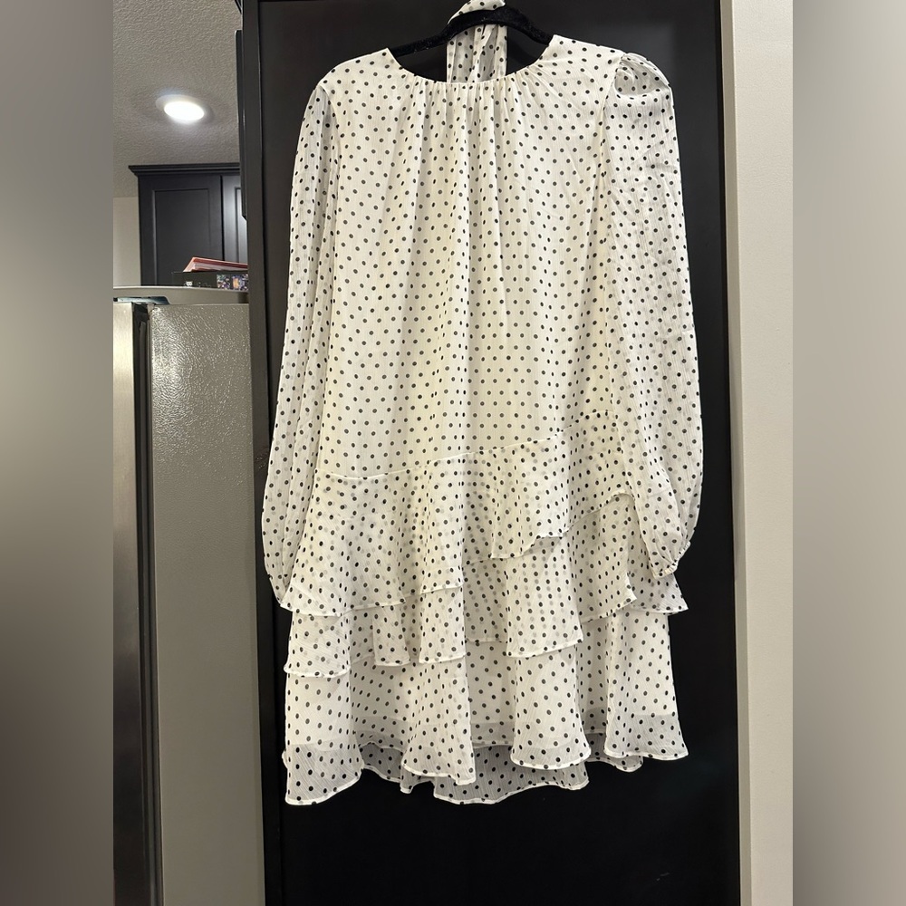 Express White and Black Polka Dot Long Sleeve Dress